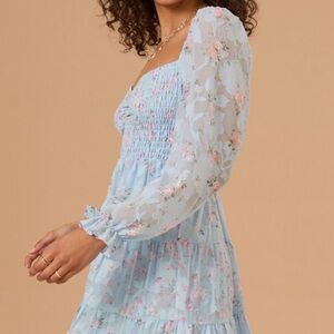 Altar’d State Light Blue Floral Long Sleeve Smocked Tiered Dress